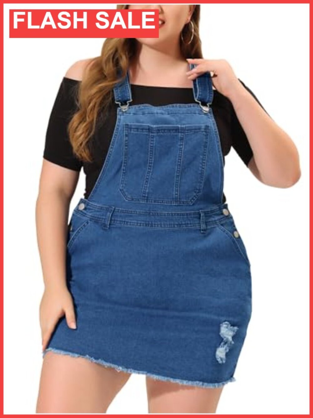 Plus Size Denim Overall Dress Distressed Suspender Skirt Adjustable Strap Casual